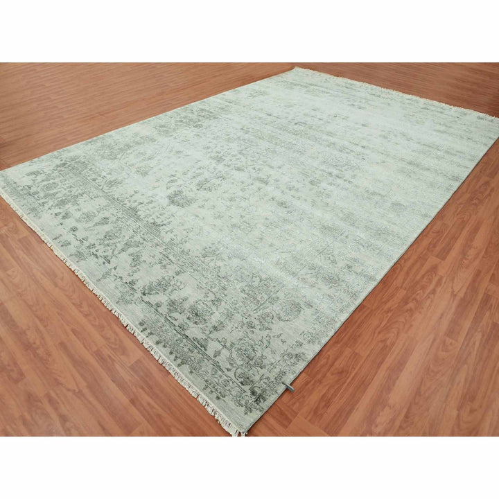 9'10" x 14'3" New Hand Knotted Grey Wool & Silk Rectangle Oriental Rug - MOA10279288