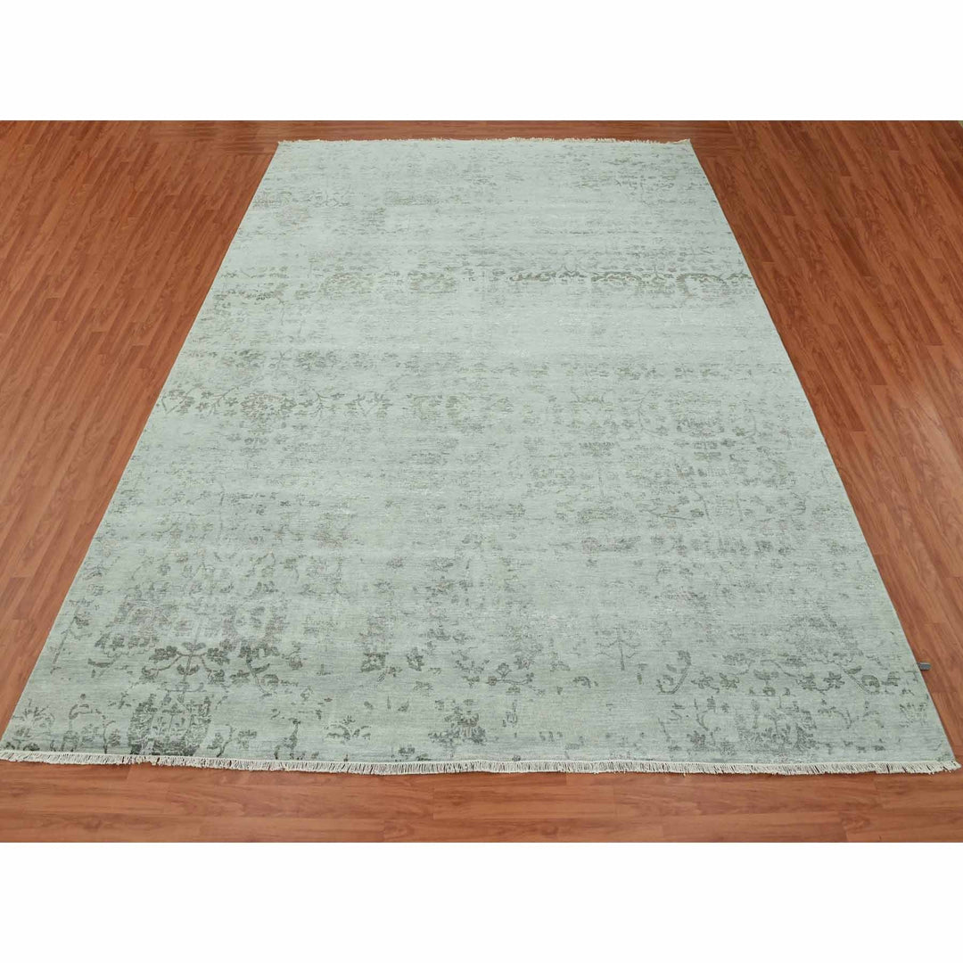 9'9" x 13'7" New Hand Knotted Grey Wool & Silk Rectangle Oriental Rug - MOA10279289