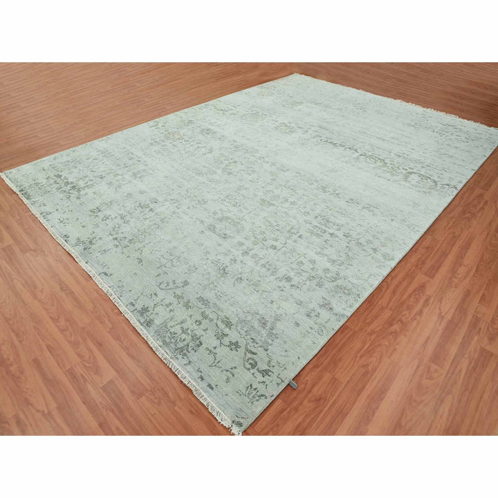 9'9" x 13'7" New Hand Knotted Grey Wool & Silk Rectangle Oriental Rug - MOA10279289