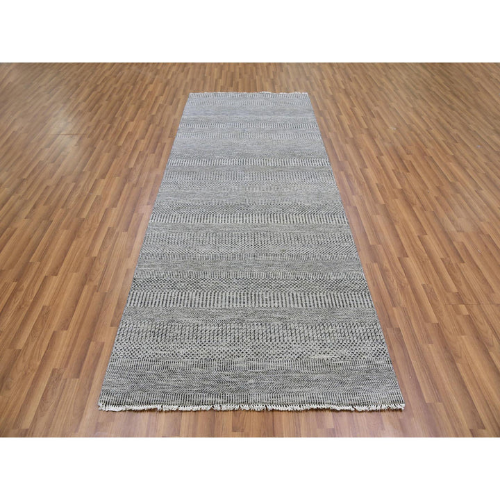 4'1" x 12'1" New Hand Knotted Grey Wool Runner Oriental Rug - MOA10279568