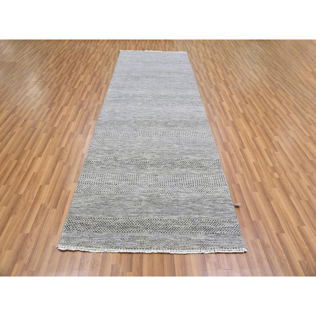 4'1" x 12'1" New Hand Knotted Grey Wool Runner Oriental Rug - MOA10279569