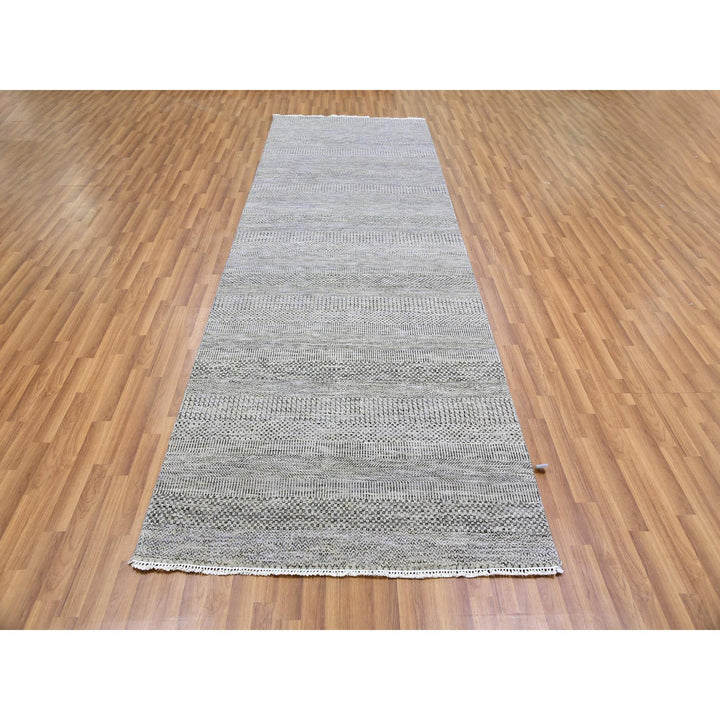 4'1" x 12'1" New Hand Knotted Grey Wool Runner Oriental Rug - MOA10279569