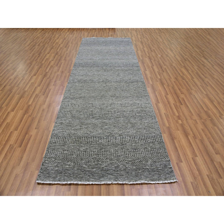 4'1" x 12'1" New Hand Knotted Grey Wool Runner Oriental Rug - MOA10279596