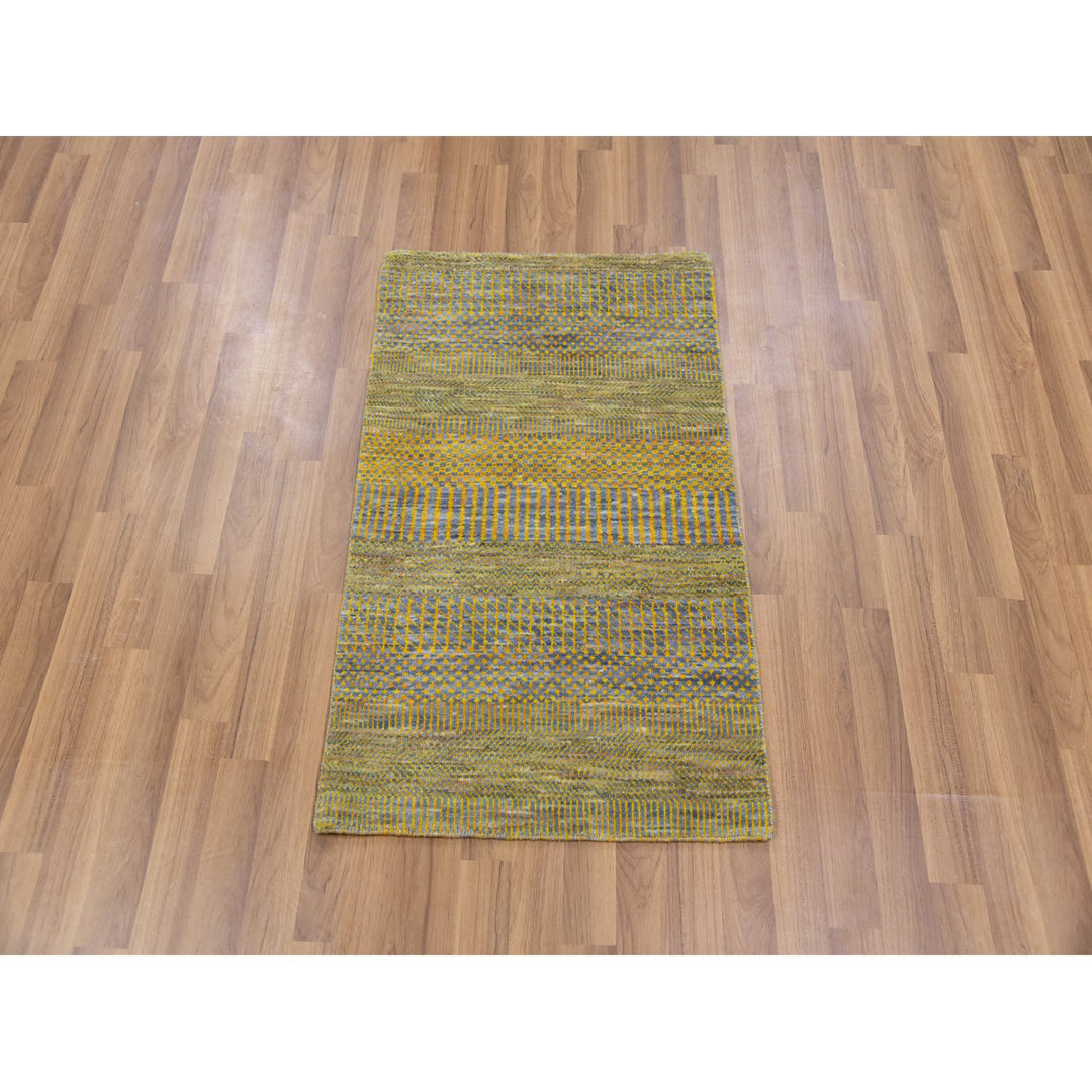 1'11" x 3'1" New Hand Knotted Green Cotton Rectangle Oriental Rug - MOA10279631