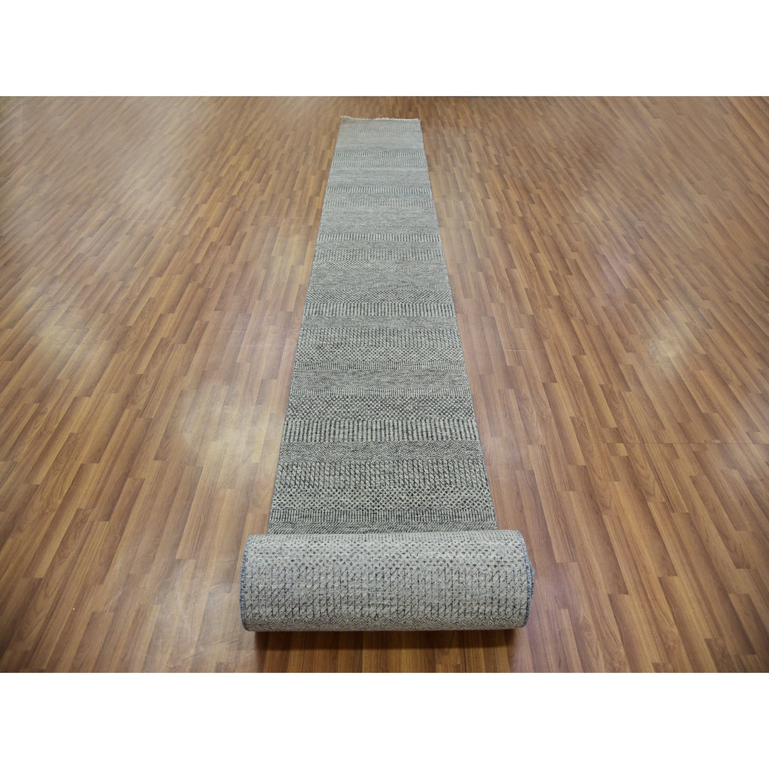 2'5" x 27'11" New Hand Knotted Grey Wool Runner Oriental Rug - MOA10279700