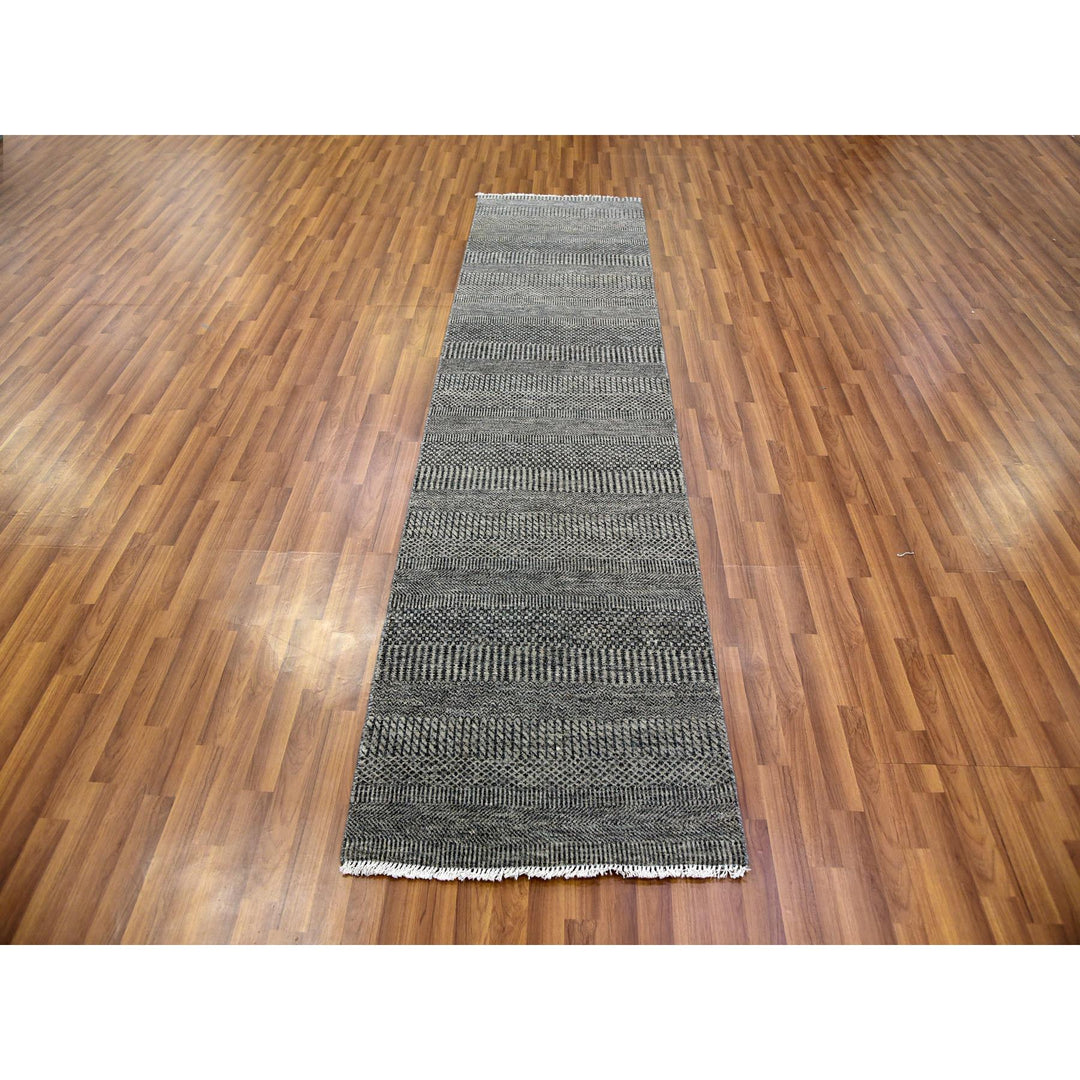 2'6" x 9'11" New Hand Knotted Grey Wool Runner Oriental Rug - MOA10279706