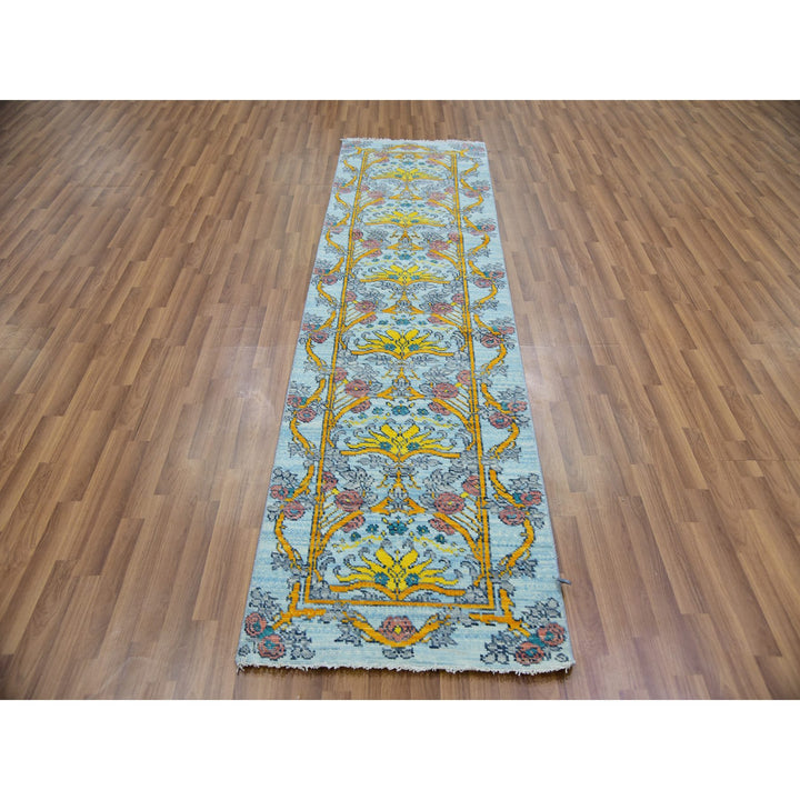 2'8" x 9'5" New Hand Knotted Blue Wool Runner Oriental Rug - MOA10279968