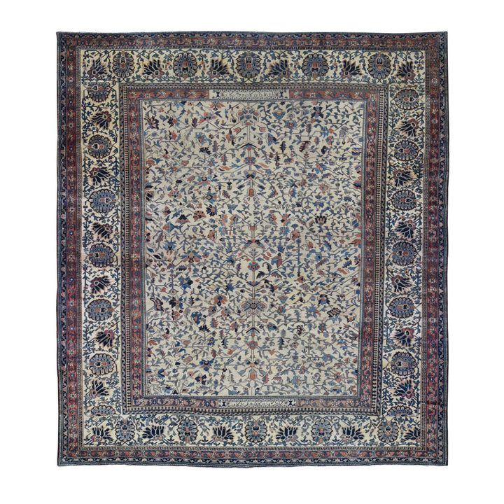 14'3" x 15'7" Vintage Hand Knotted Ivory Wool Rectangle Oriental Rug - MOA10280055