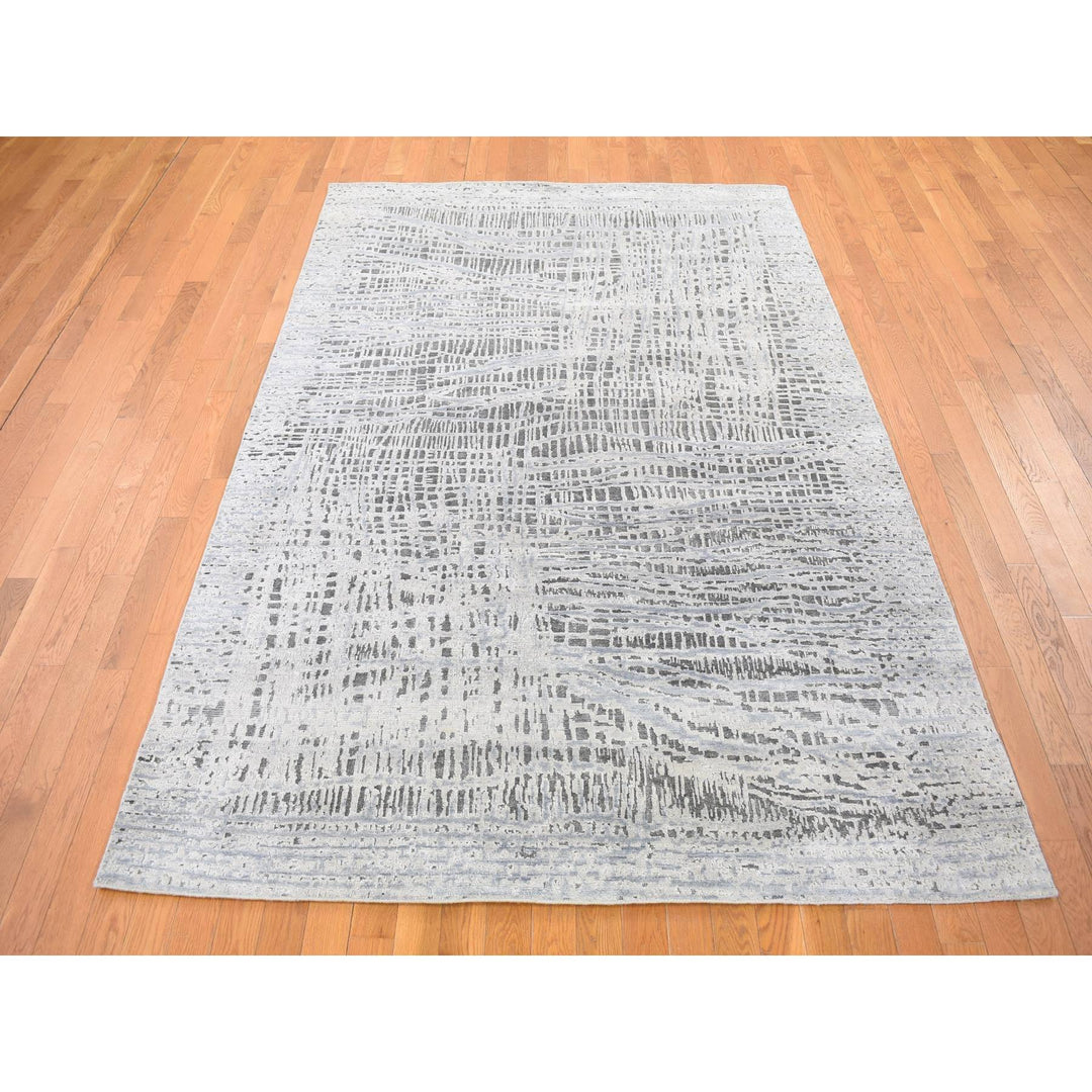 6'0" x 9'0" New Hand Knotted Grey Wool & Silk Rectangle Oriental Rug - MOA10280096