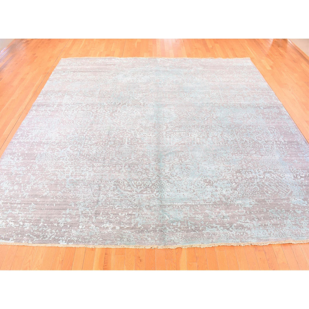 12'0" x 12'0" New Hand Knotted Grey Wool & Silk Square Oriental Rug - MOA10280225