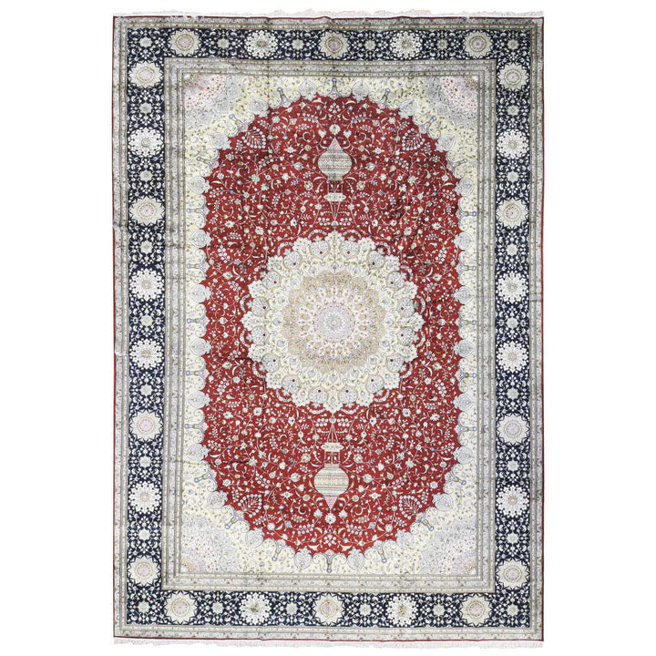 12'1" x 18'1" New Hand Knotted Red Silk & Cotton Blend Rectangle Oriental Rug - MOA10280234