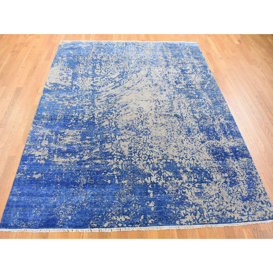 8'1" x 9'10" New Hand Knotted Blue Wool & Silk Rectangle Oriental Rug - MOA10280379