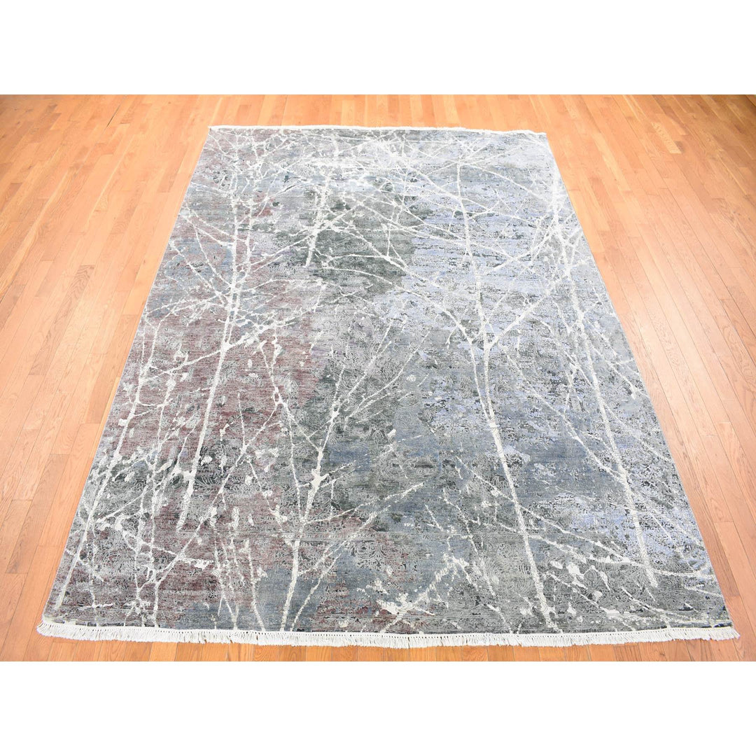 7'7" x 10'1" New Hand Knotted Grey Wool & Silk Rectangle Oriental Rug - MOA10280380