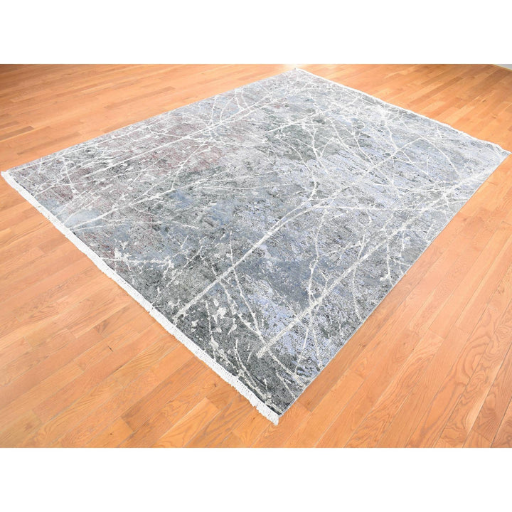 7'7" x 10'1" New Hand Knotted Grey Wool & Silk Rectangle Oriental Rug - MOA10280380