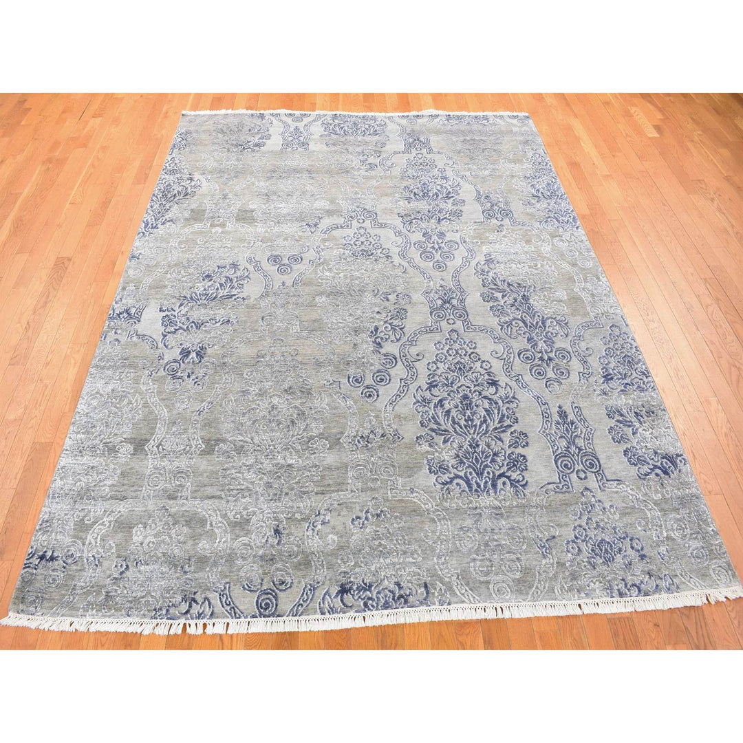 8'1" x 10'4" New Hand Knotted Grey Wool & Silk Rectangle Oriental Rug - MOA10280386