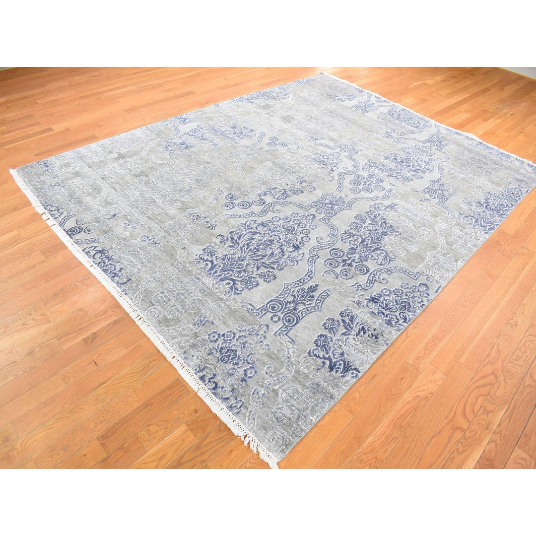 8'1" x 10'4" New Hand Knotted Grey Wool & Silk Rectangle Oriental Rug - MOA10280386