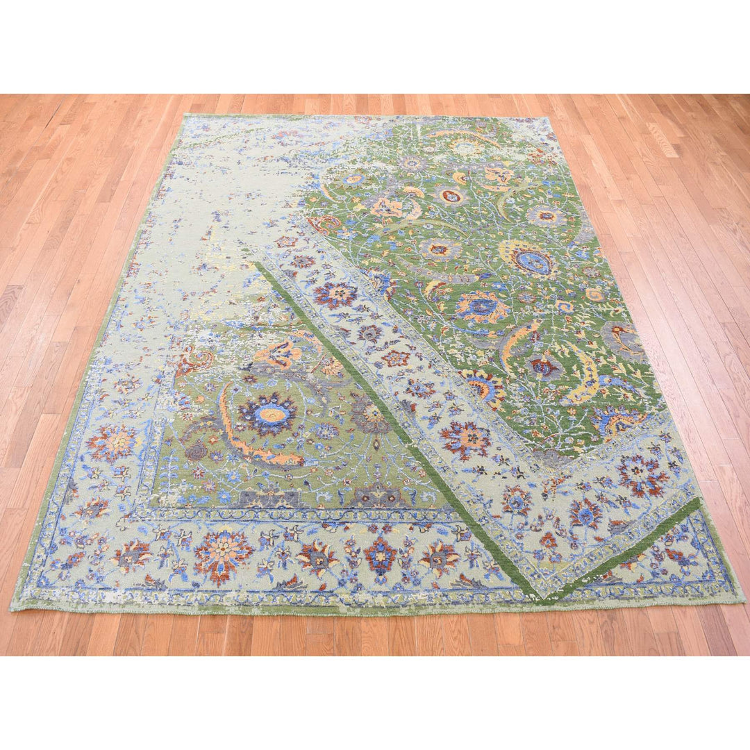 7'9" x 9'10" New Hand Knotted Green Wool & Silk Rectangle Oriental Rug - MOA10280388