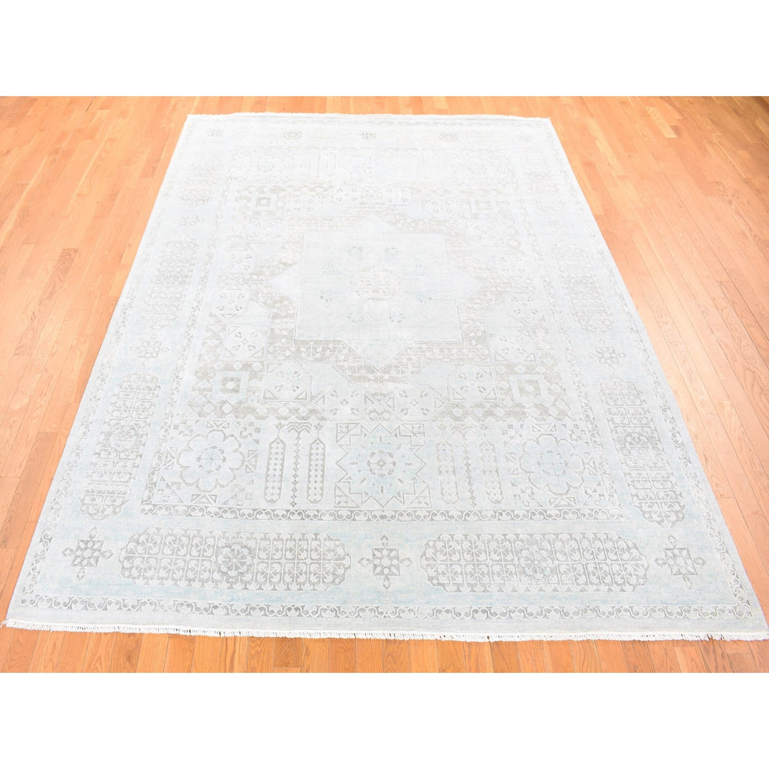 8'1" x 10'5" New Hand Knotted Blue Wool & Silk Rectangle Oriental Rug - MOA10280391