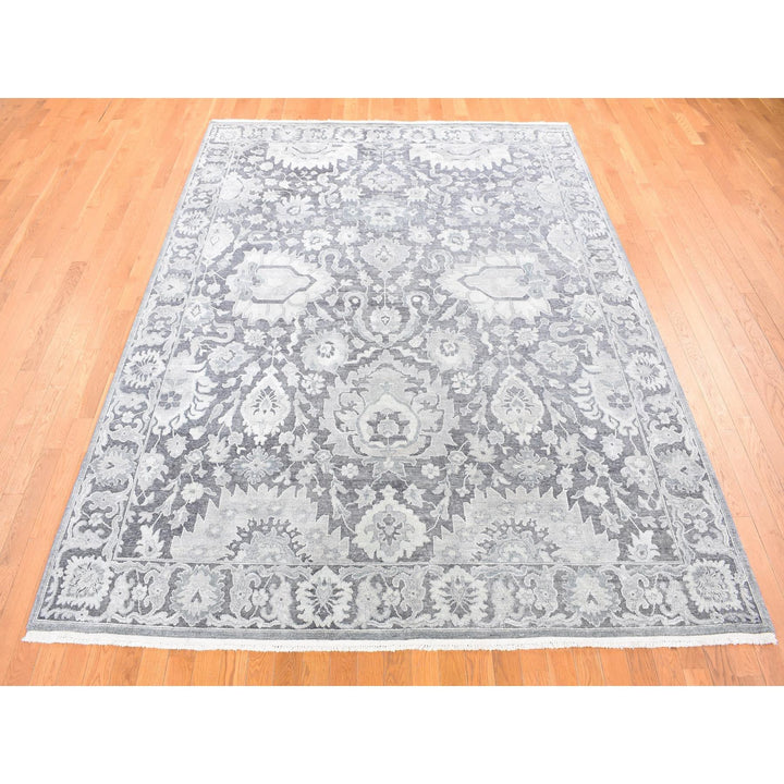 7'10" x 10'4" New Hand Knotted Grey Wool & Silk Rectangle Oriental Rug - MOA10280392