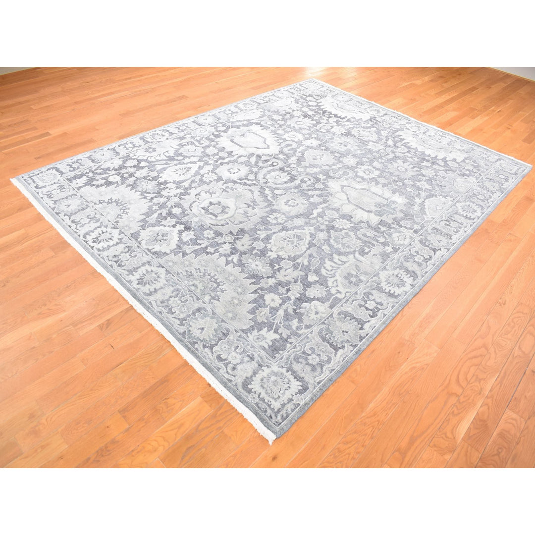 7'10" x 10'4" New Hand Knotted Grey Wool & Silk Rectangle Oriental Rug - MOA10280392