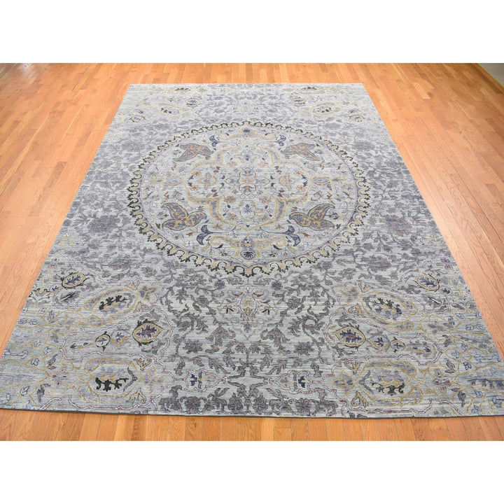 9'0" x 12'0" New Hand Knotted Grey Wool & Silk Rectangle Oriental Rug - MOA10280451