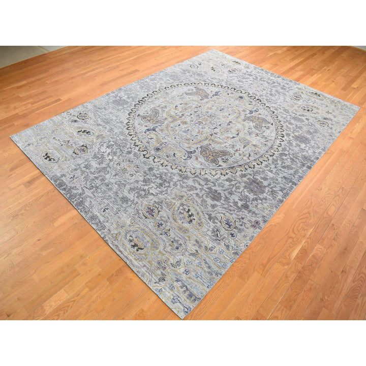 9'0" x 12'0" New Hand Knotted Grey Wool & Silk Rectangle Oriental Rug - MOA10280451