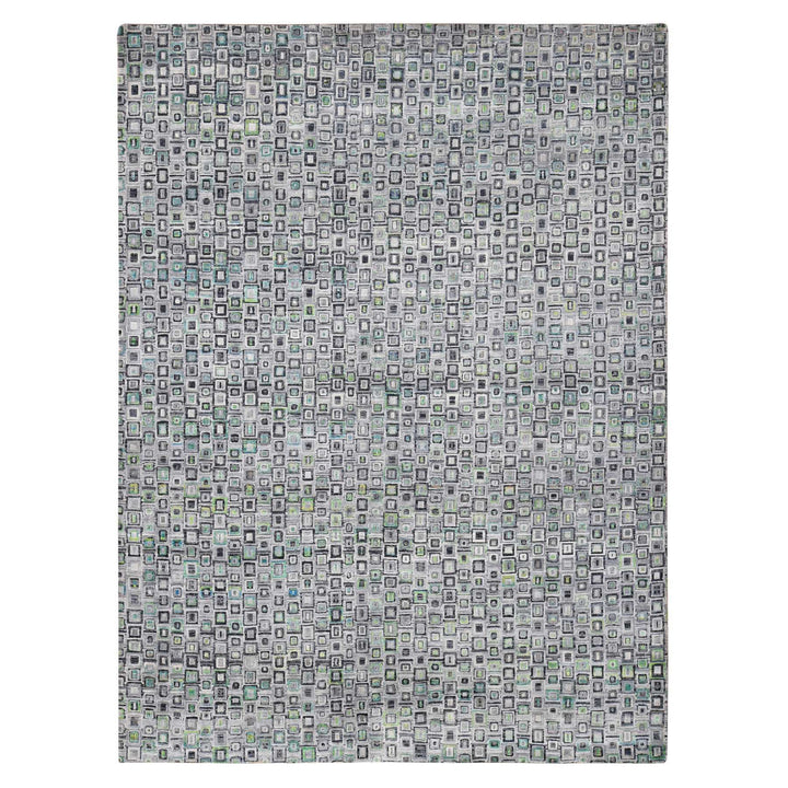 9'0" x 12'3" New Hand Knotted Grey Wool & Silk Rectangle Oriental Rug - MOA10280455