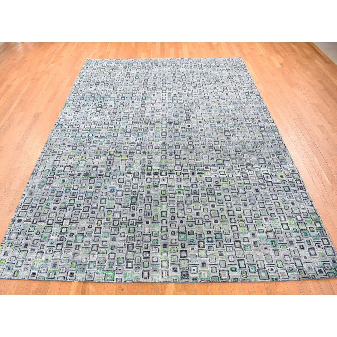 9'0" x 12'3" New Hand Knotted Grey Wool & Silk Rectangle Oriental Rug - MOA10280455