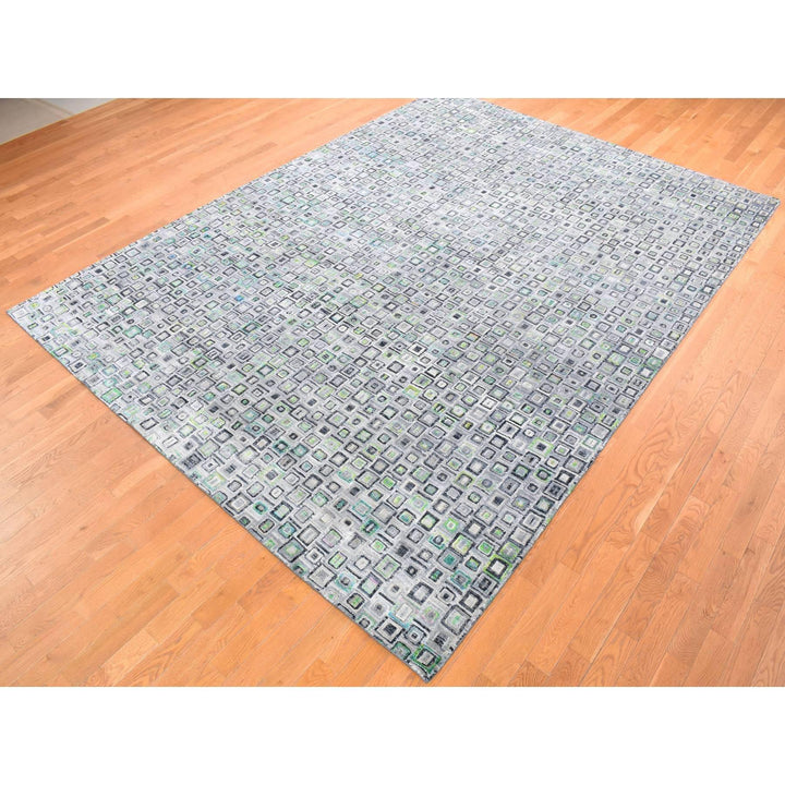 9'0" x 12'3" New Hand Knotted Grey Wool & Silk Rectangle Oriental Rug - MOA10280455