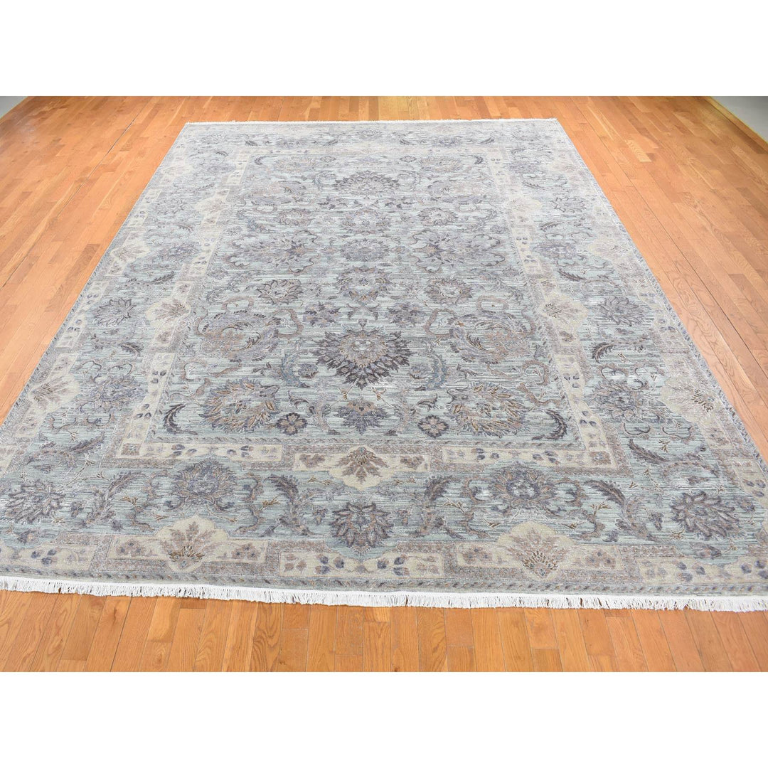 10'0" x 14'0" New Hand Knotted Green Wool & Pure Silk Rectangle Oriental Rug - MOA10280640