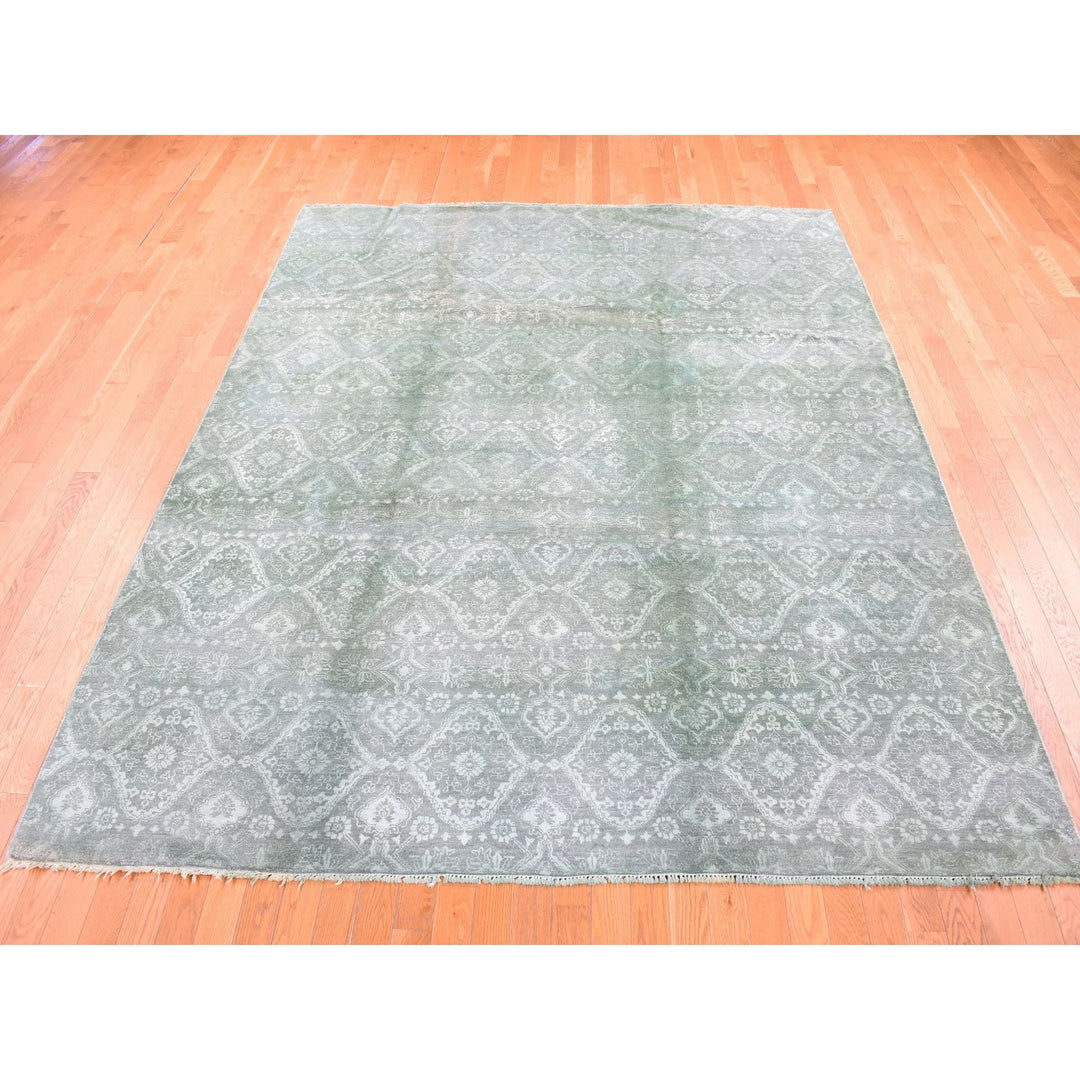 8'0" x 10'1" New Hand Knotted Green Wool & Silk Rectangle Oriental Rug - MOA10280677