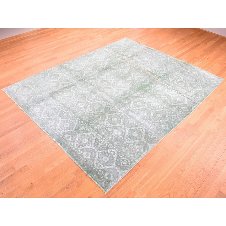 8'0" x 10'1" New Hand Knotted Green Wool & Silk Rectangle Oriental Rug - MOA10280677