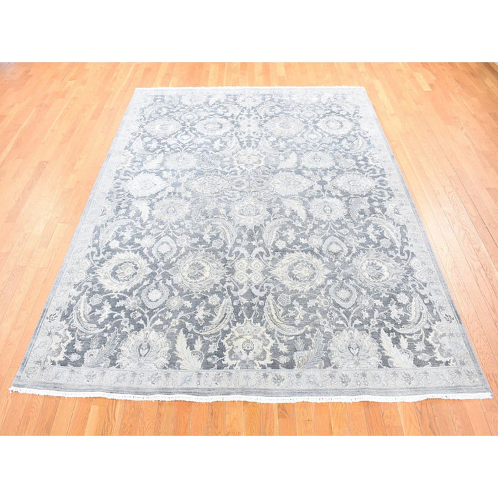 8'0" x 10'2" New Hand Knotted Grey Wool & Silk Rectangle Oriental Rug - MOA10280682