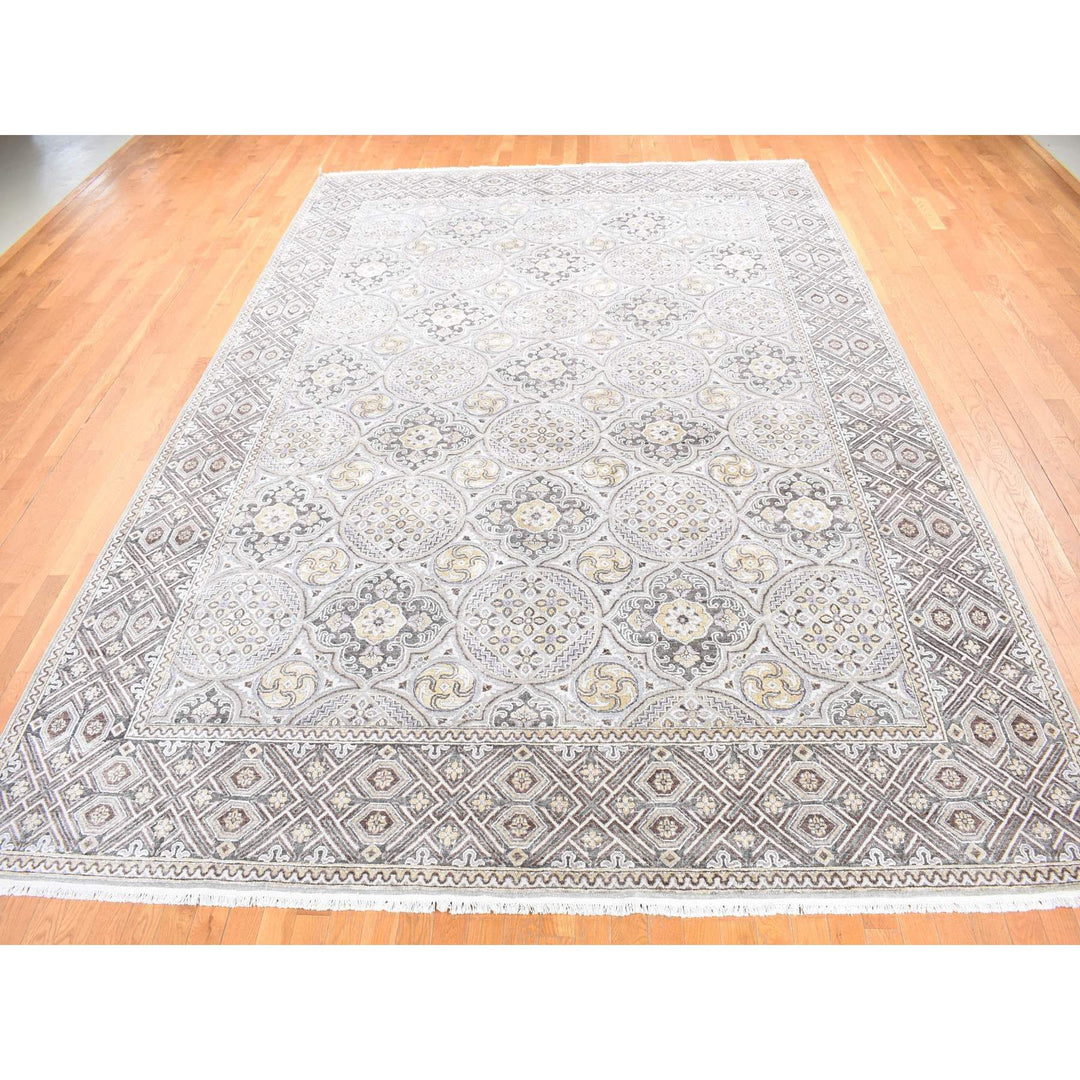 10'1" x 14'2" New Hand Knotted Ivory Wool & Silk Rectangle Oriental Rug - MOA10280686