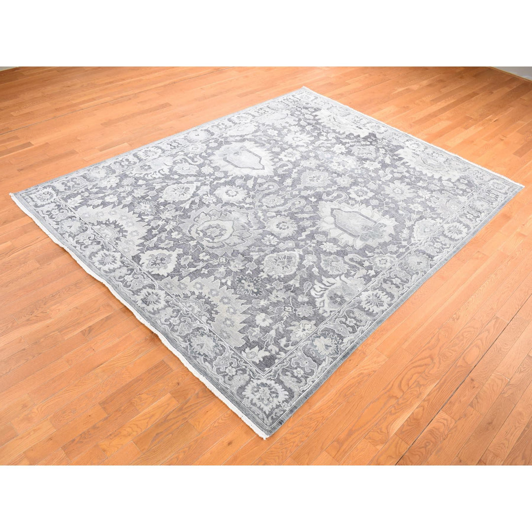 7'9" x 10'0" New Hand Knotted Grey Wool & Silk Rectangle Oriental Rug - MOA10280740