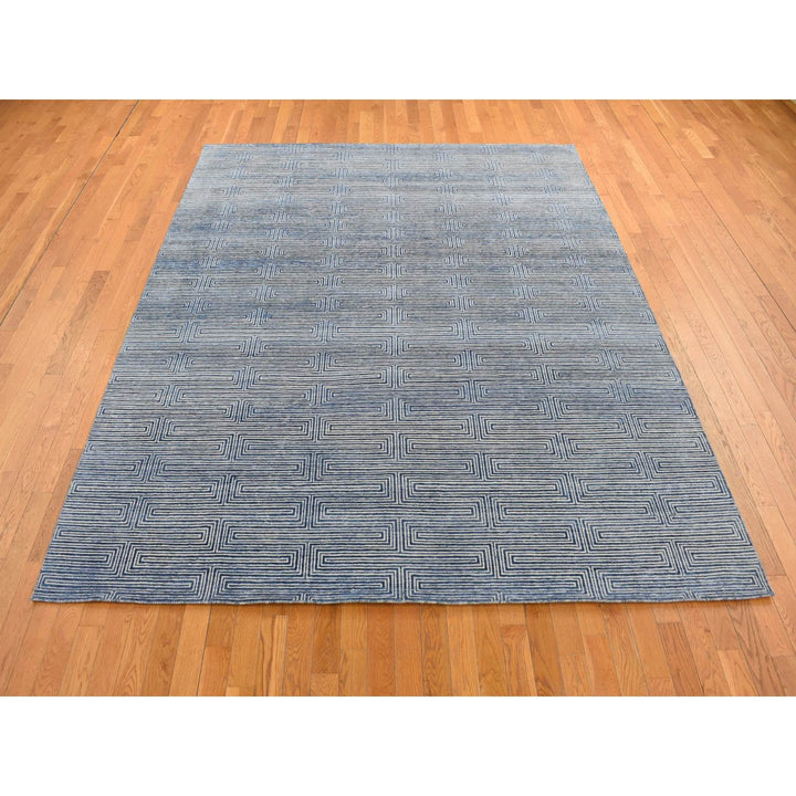 8'0" x 10'0" New Hand Knotted Blue Wool & Silk Rectangle Oriental Rug - MOA10280827