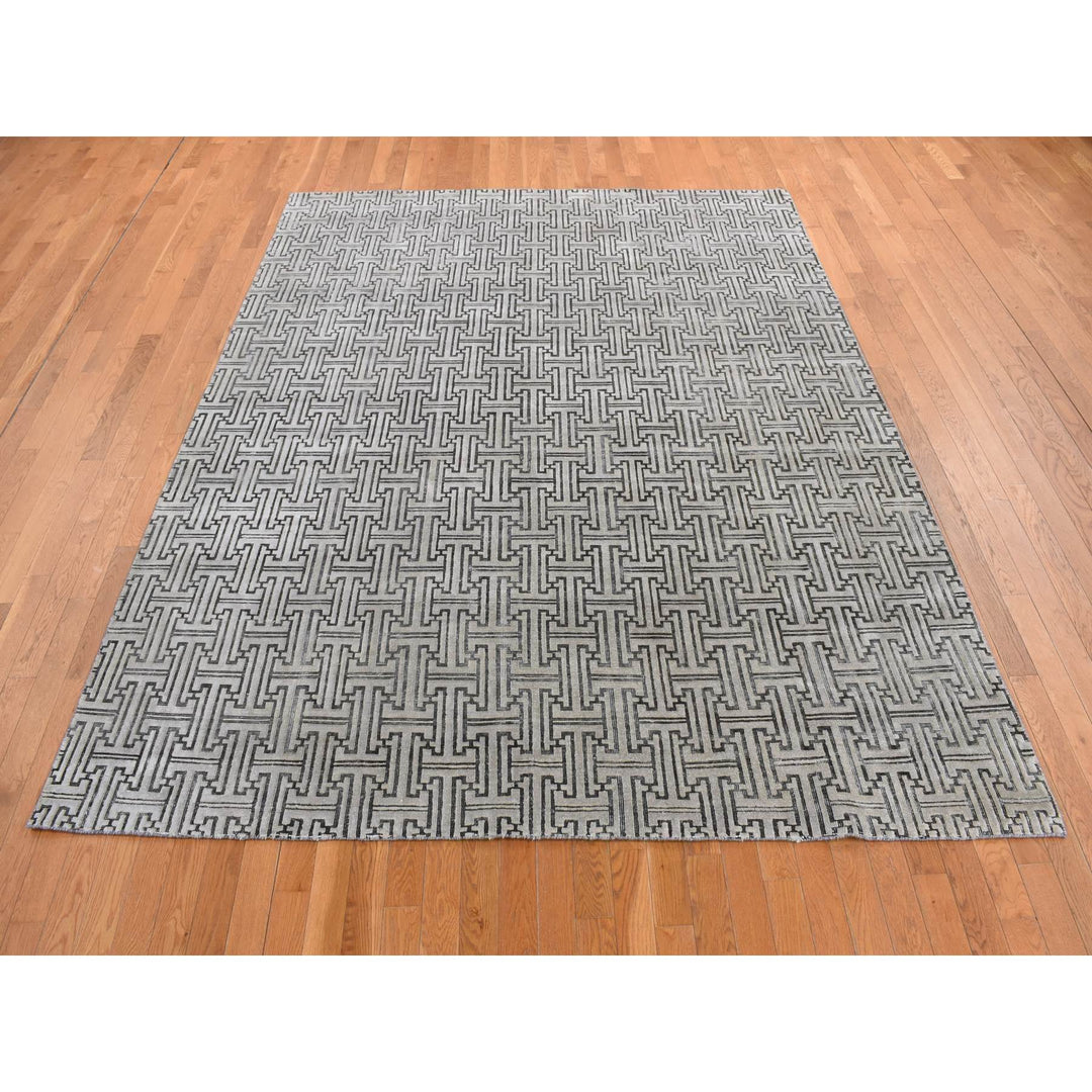 7'10" x 10'3" New Hand Knotted Grey Wool & Silk Rectangle Oriental Rug - MOA10280832