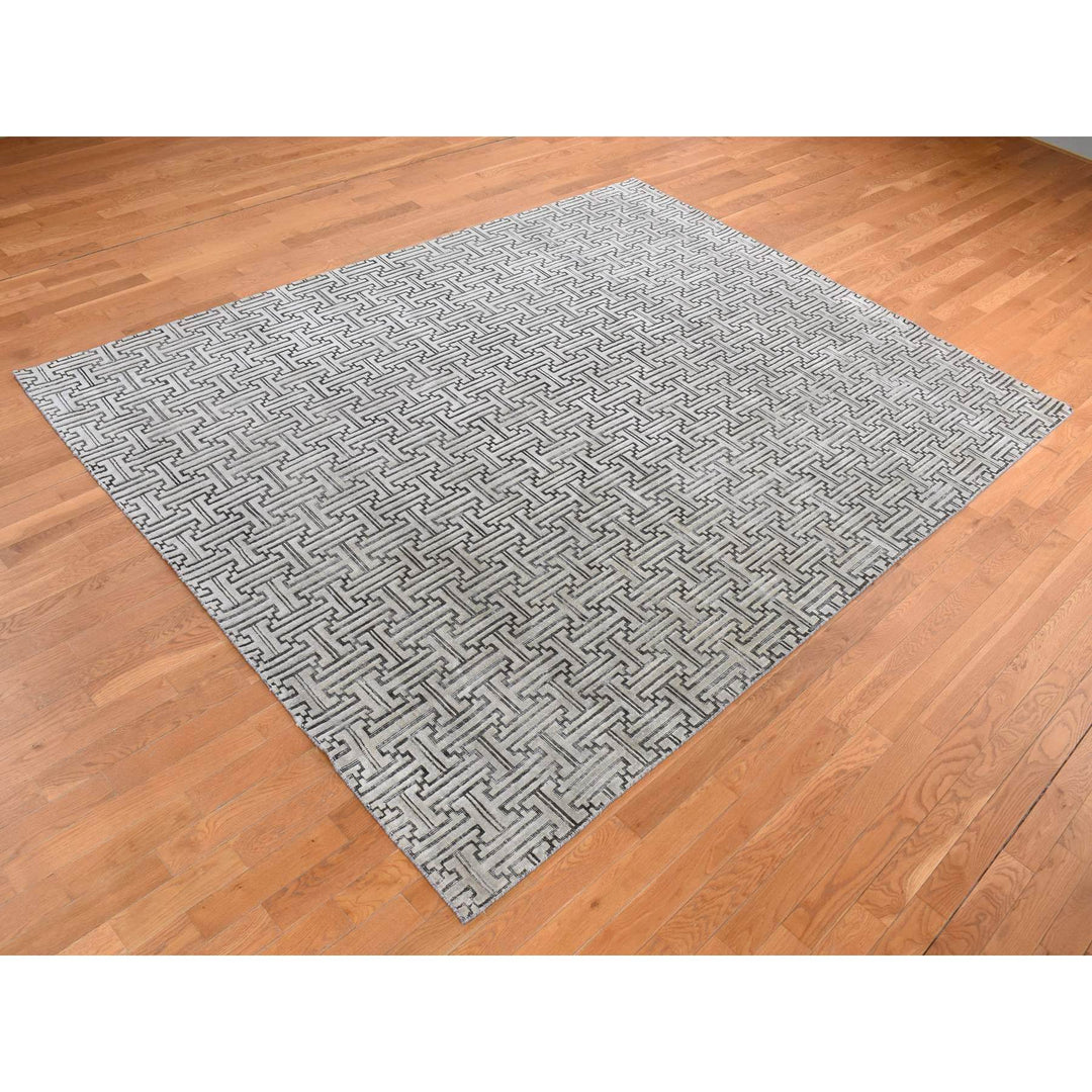 7'10" x 10'3" New Hand Knotted Grey Wool & Silk Rectangle Oriental Rug - MOA10280832