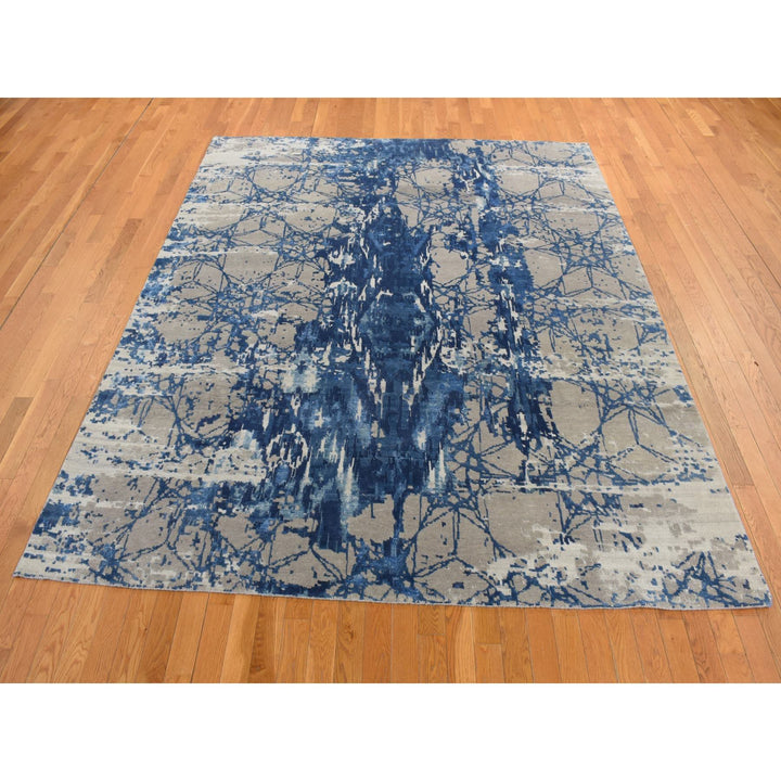 8'1" x 10'0" New Hand Knotted Blue Wool & Silk Rectangle Oriental Rug - MOA10280833