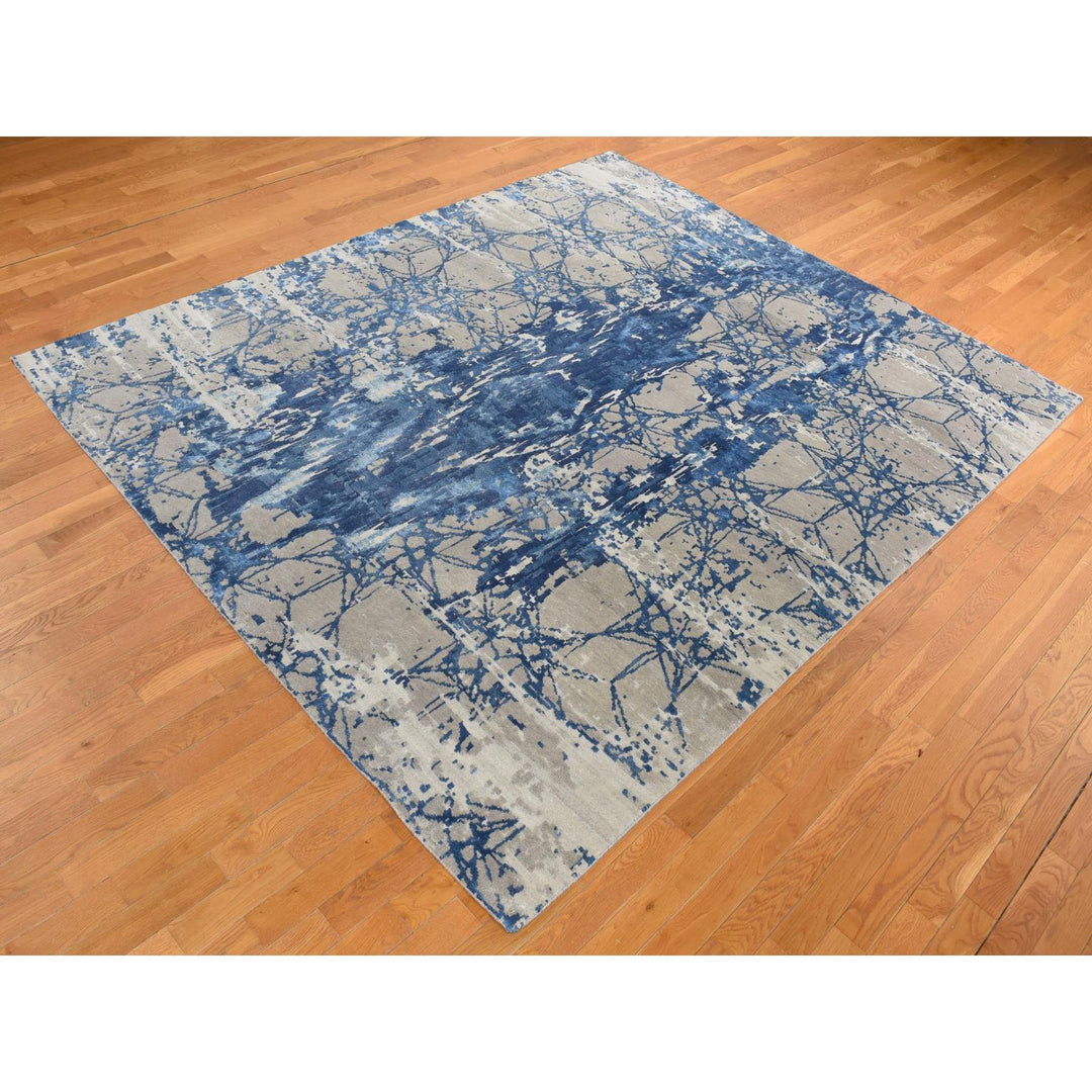 8'1" x 10'0" New Hand Knotted Blue Wool & Silk Rectangle Oriental Rug - MOA10280833