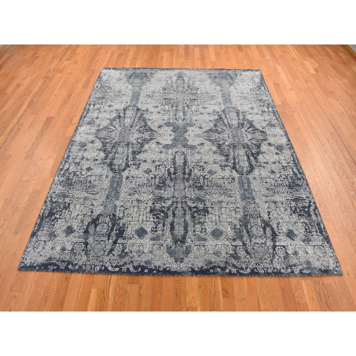 7'10" x 10'0" New Hand Knotted Grey Wool & Silk Rectangle Oriental Rug - MOA10280838