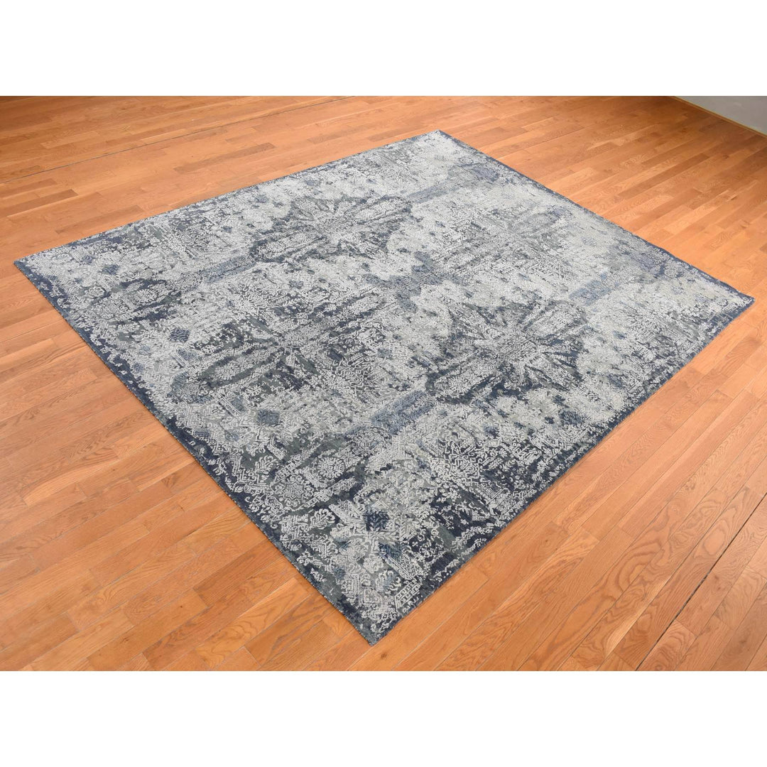 7'10" x 10'0" New Hand Knotted Grey Wool & Silk Rectangle Oriental Rug - MOA10280838