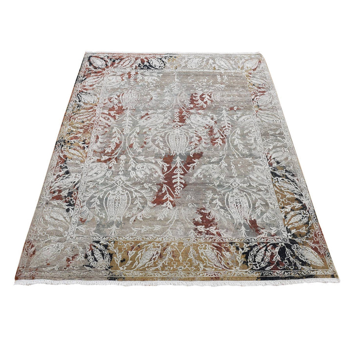 5'2" x 7'1" New Hand Knotted Grey Wool & Silk Rectangle Oriental Rug - MOA10280885
