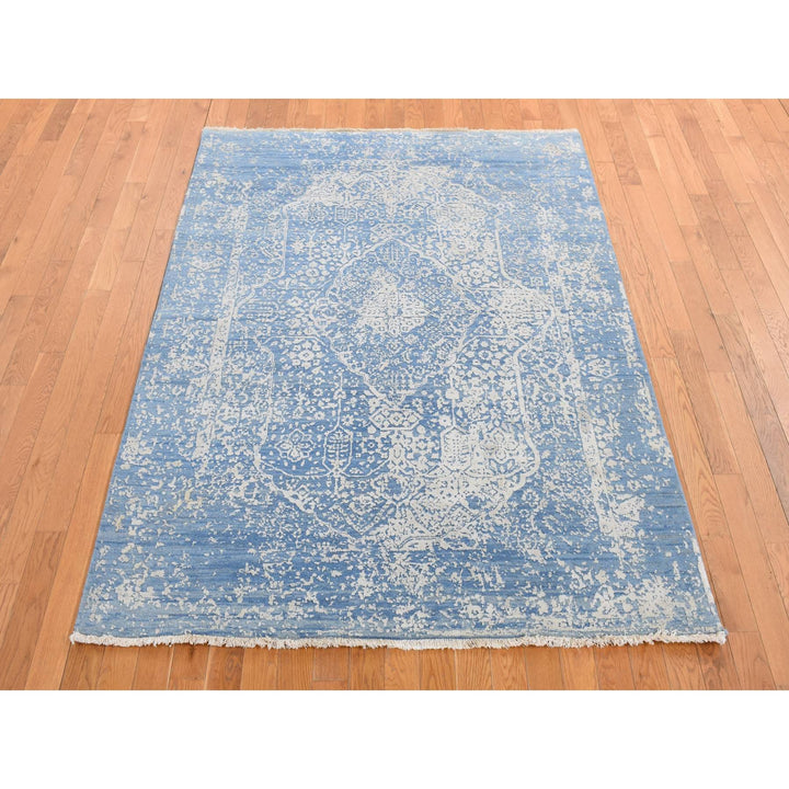 5'1" x 7'0" New Hand Knotted Blue Wool & Silk Rectangle Oriental Rug - MOA10280927