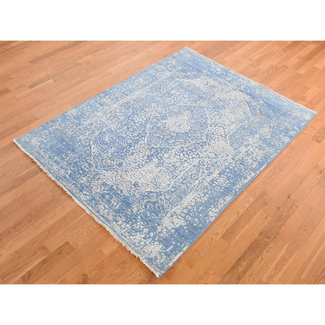 5'1" x 7'0" New Hand Knotted Blue Wool & Silk Rectangle Oriental Rug - MOA10280927