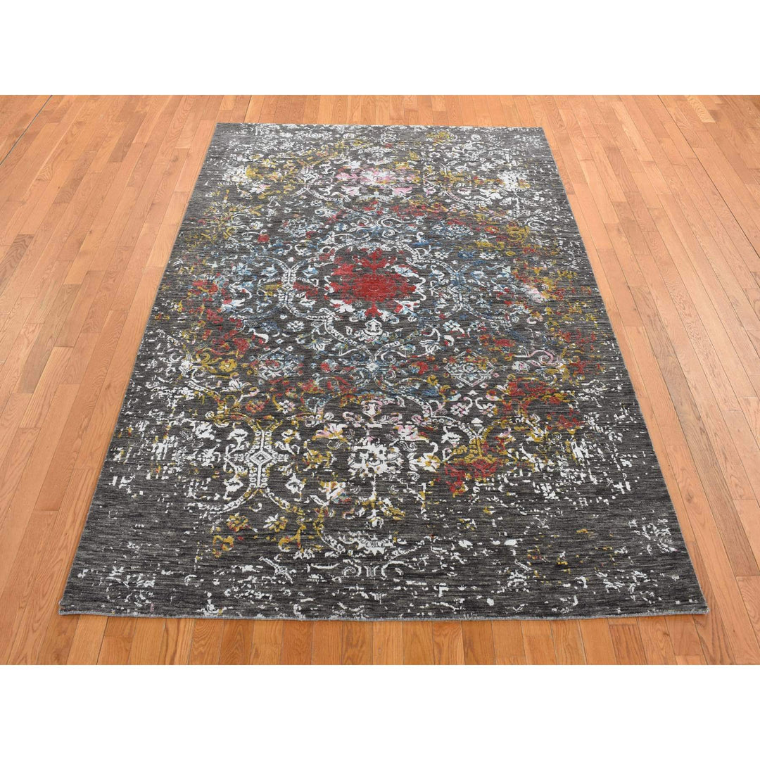 6'1" x 9'2" New Hand Knotted Black Wool & Silk Rectangle Oriental Rug - MOA10280969