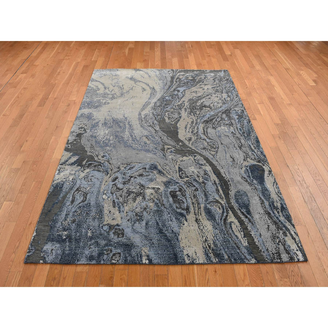 6'0" x 9'2" New Hand Knotted Blue Wool & Silk Rectangle Oriental Rug - MOA10280981