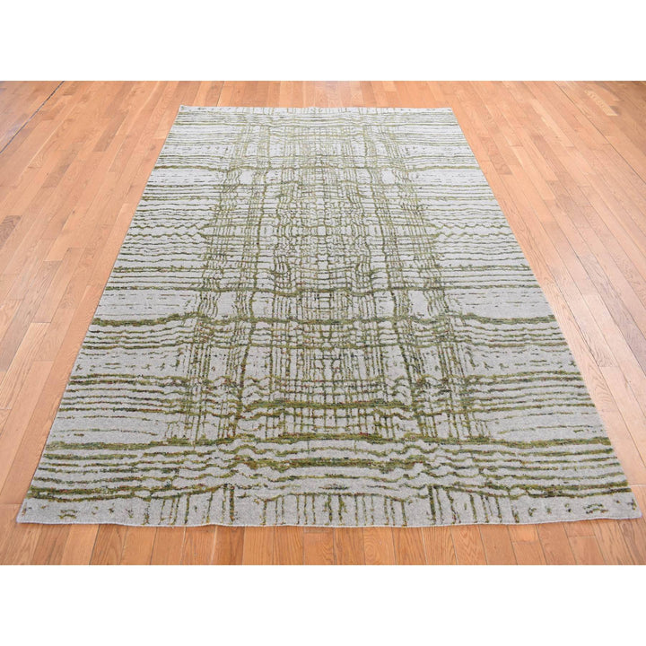 6'0" x 8'9" New Hand Loomed Grey Wool & Silk Rectangle Oriental Rug - MOA10280988