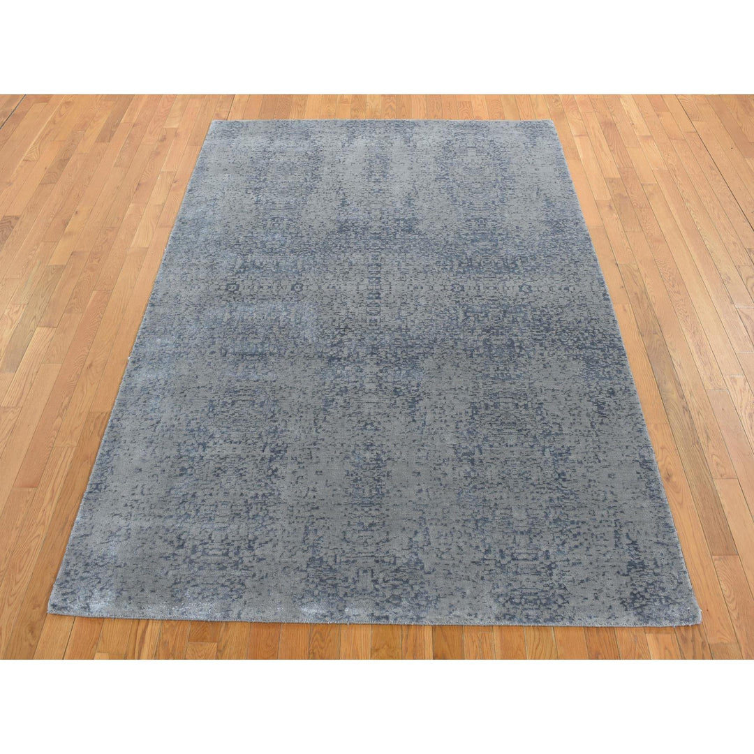 6'0" x 9'0" New Hand Loomed Grey Wool & Silk Rectangle Oriental Rug - MOA10280998