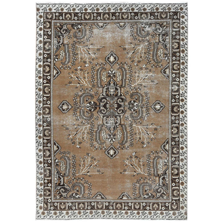 7'0" x 10'0" Vintage Hand Knotted Brown Worn Wool Rectangle Oriental Rug - MOA10281021